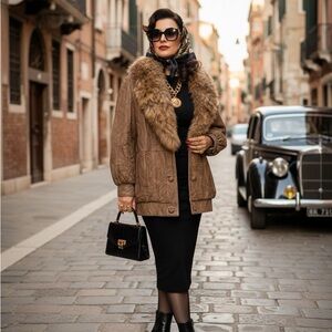 J Percy for Marvin Richards  Brown Fur-Trimmed  Coat